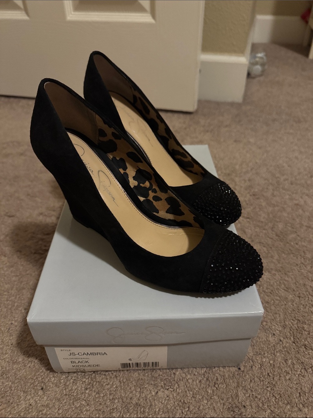 Jessica Simpson Black Suede Wedge Pumps with Crystal-Embellished Toe